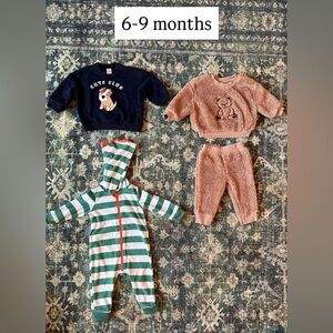 6-9M | Cozy Bundle | Teddy Fleece Set + Cute Club Sweatshirt + Hooded Romper
